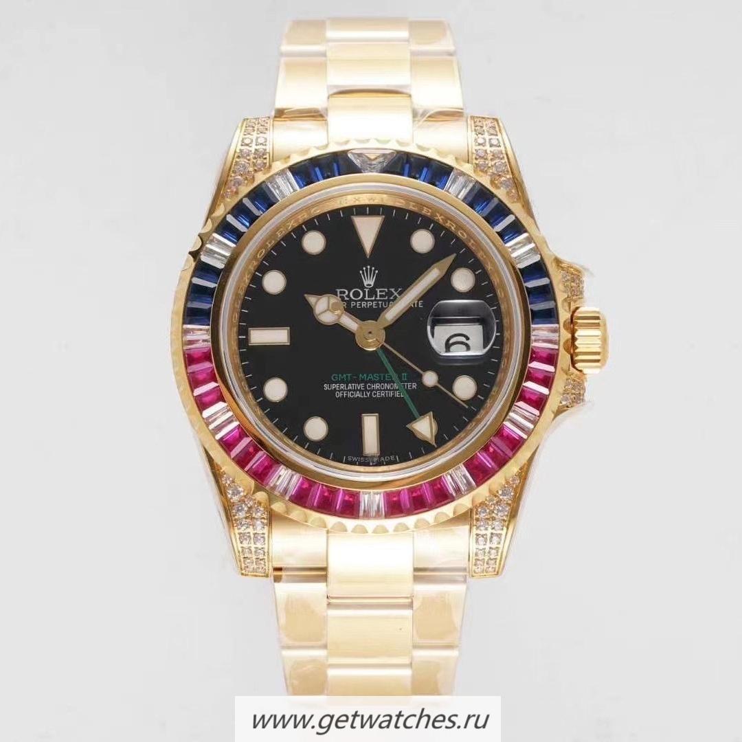 Perfect Replica R01ex GMT-Master II 116718 ROF 18K Yellow Gold Wrapped & Red D1am0nd Black Dial 2836